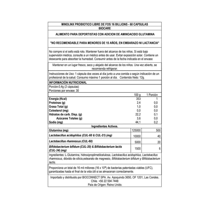 Probiótico - Mindlinx Probiótico en polvo - con Glutamina- Biocare