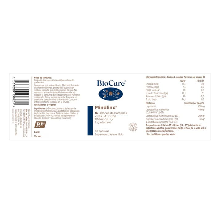 Probiótico - Mindlinx Probiótico en polvo - con Glutamina- Biocare